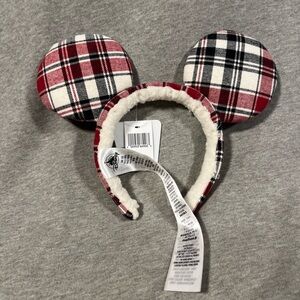 Disney Parks Mickey Mouse JOY Holiday Plaid Sherpa Christmas Ears Headband NWT